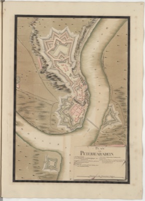 Hand-coloured plan of Petrovaradin fortress and the Danube pontoon bridge, 18th century