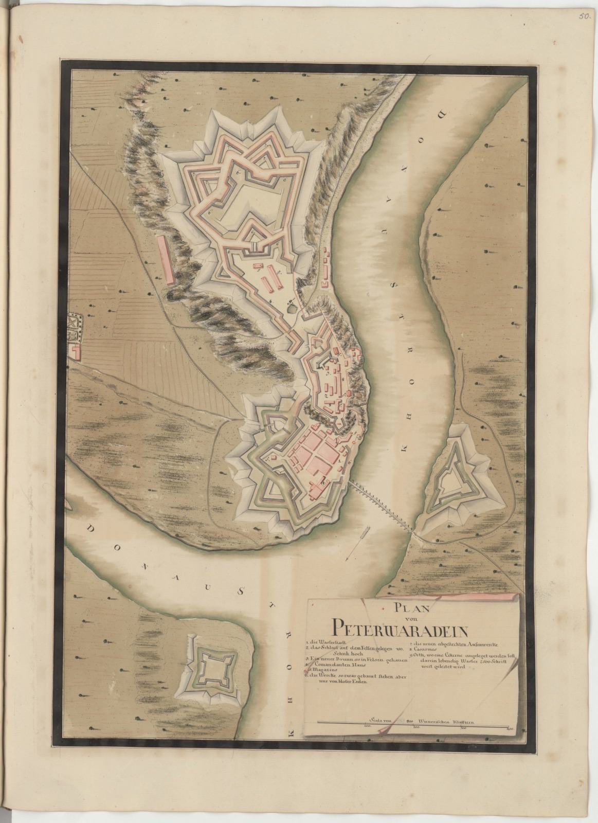 Hand-coloured plan of Petrovaradin fortress and the Danube pontoon bridge, 18th century
