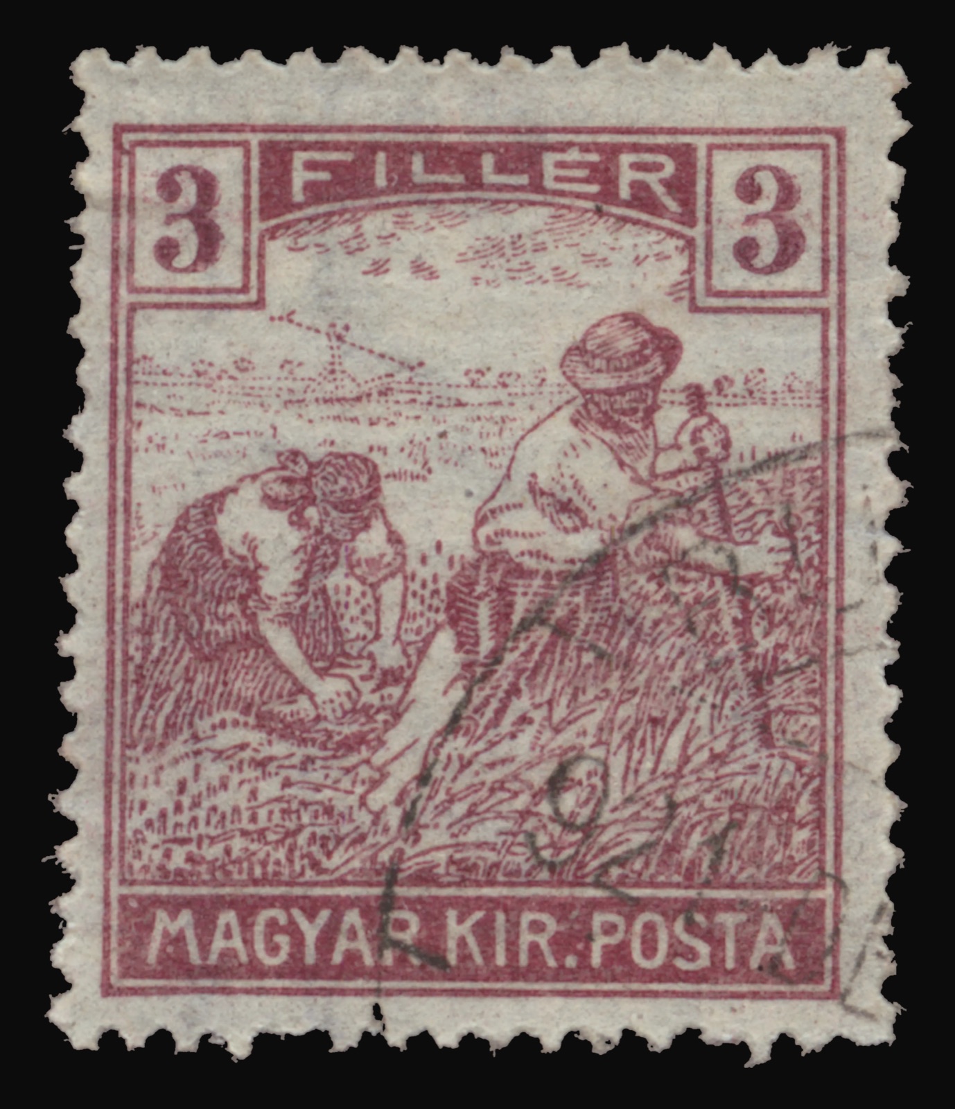 Three-fillér Harvesters stamp of Hungary, 1916, Novi Sad