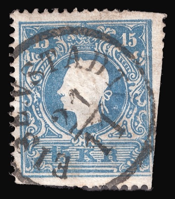 Fifteen-kreuzer stamp of the 1858 Austrian issue, Novi Sad