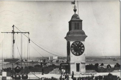 The Danube water level signal mast below the Petrovaradin clock tower, Petrovaradin Fortress, 1963
