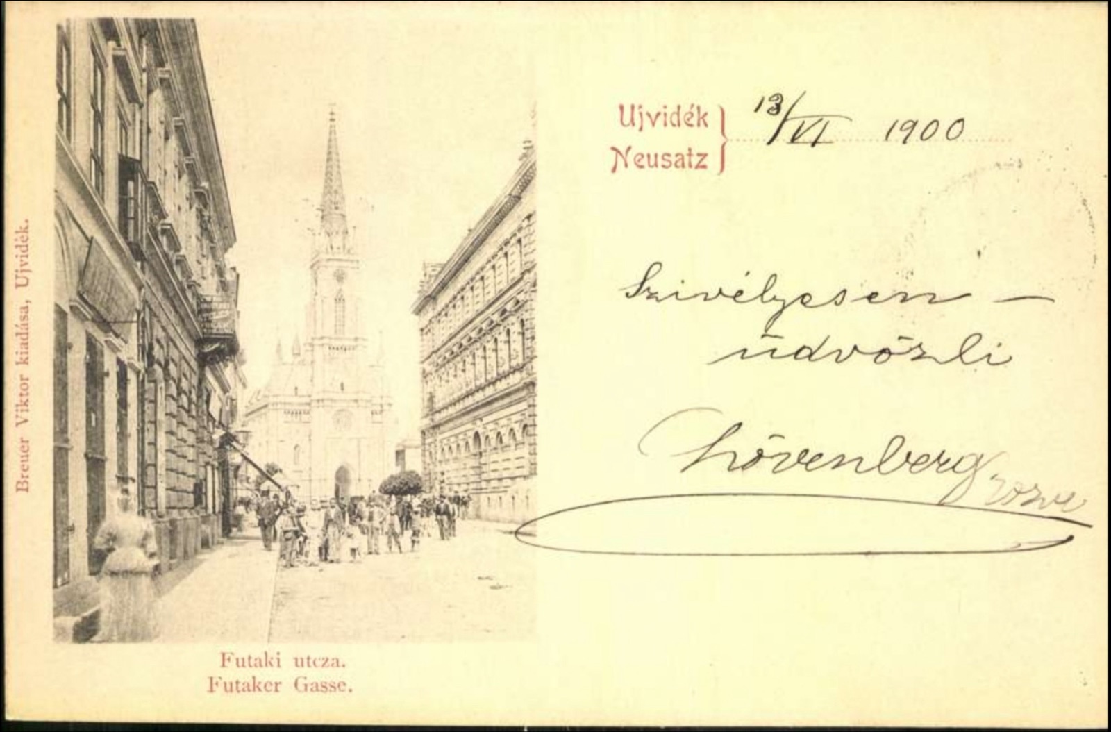 Futtaki Street on a Divided Postcard, the Spire Distant, 1900, Futak Street, Novi Sad