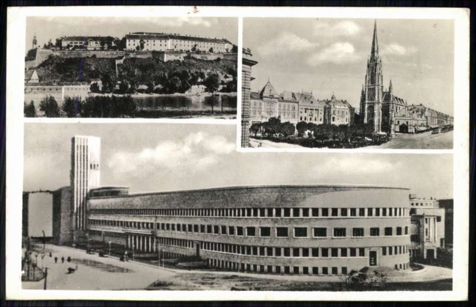 Drei Ansichten: die Festung Peterwardein, eine Turmspitze und ein moderner Turm, Banovina-Palast, Neusatz, bis September 1941