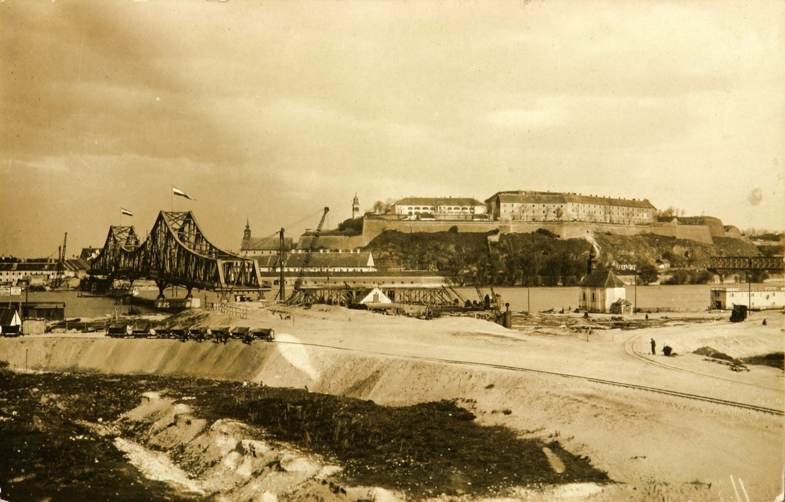 The new bridge going up below the fortress, Prince Tomislav Bridge, Novi Sad, around 1928