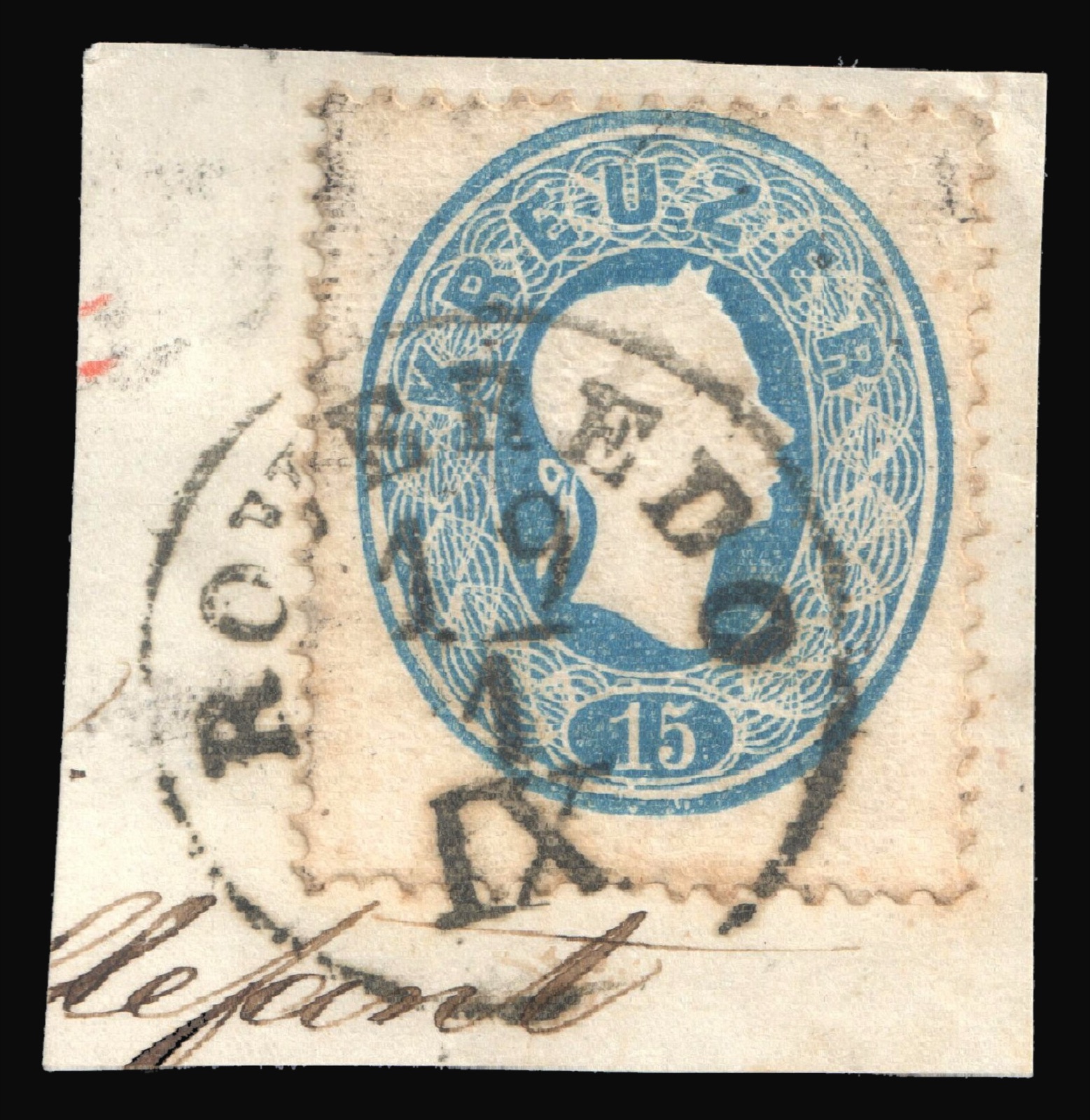 Fifteen-kreuzer stamp of the 1860 Austrian issue, Novi Sad