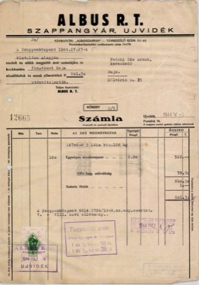 Albus soap factory invoice, Novi Sad, 4 May 1944, Ujvidek (telegraph address Albusszappan, telephone 21-41, P.O. Box 70; no street printed)