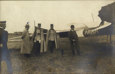 Béla Matkovits and Archduke Joseph beside an aircraft, Novi Sad Airfield, 12 May 1913