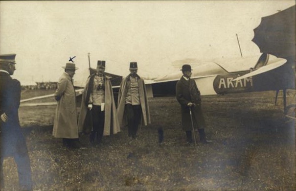 Béla Matkovits and Archduke Joseph beside an aircraft, Novi Sad Airfield, 12 May 1913