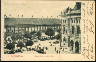 The Elizabeth Hotel, with a market in the square, Hotel Queen Mary, Novi Sad, by April 1902