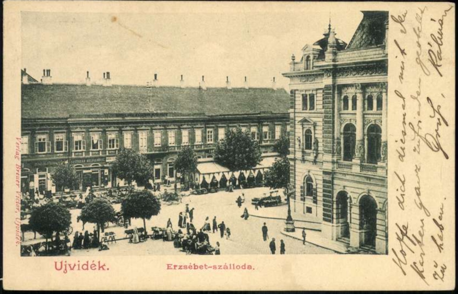 The Elizabeth Hotel, with a market in the square, Hotel Queen Mary, Novi Sad, by April 1902