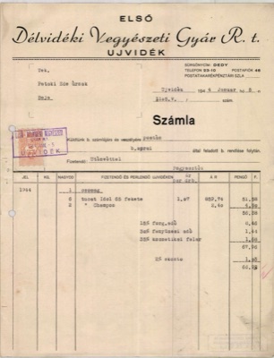 Elso Delvideki Vegyeszeti Gyar Invoice, Novi Sad, 5 January 1944, Ujvidek (telegraph address DEDY, telephone 23-10, P.O. Box 46; no street printed)