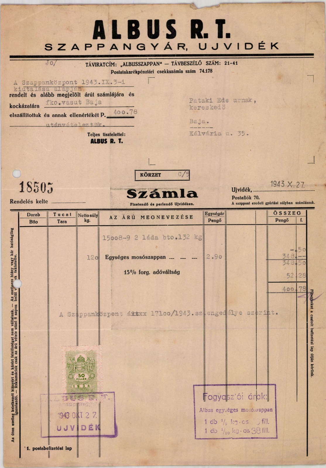 Рачун фабрике сапуна Албус, Нови Сад, 27. октобар 1943, Ujvidek (telegrafska adresa Albusszappan, telefon 21-41, poštanski fah 70; ulica nije odštampana)