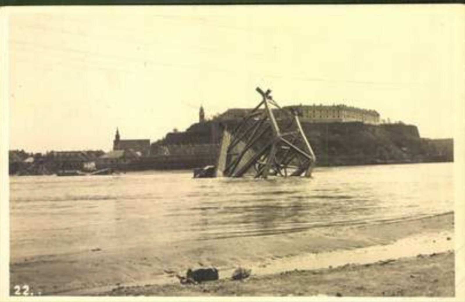 Collapsed Bridge Span in the Danube Below Petrovaradin Fortress, Prince Tomislav Bridge, Novi Sad, 1941.