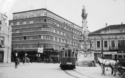 Liberty Square with the Plague Column and a Tram, Novi Sad, 1942