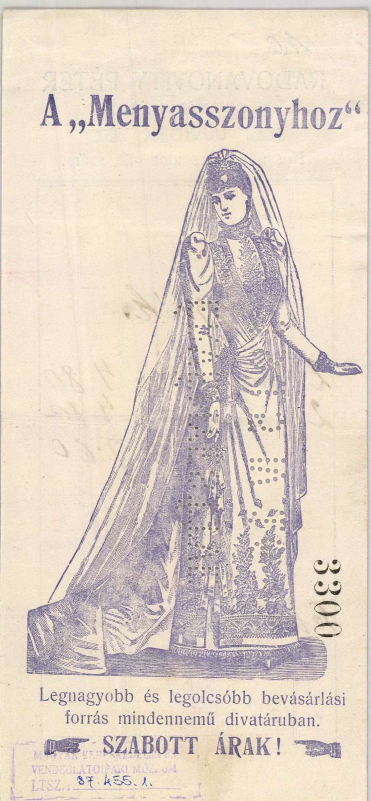 Brautmoden-Illustration des Modehauses Radovanovity Peter, Neusatz, Kossuth Lajos utca 42, Ujvidek (nach den übrigen Briefköpfen dieser Firma im selben Karton; auf diesem Blatt selbst nicht angegeben), 1914–1915