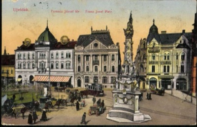 Franz Joseph Square, nuns passing the Holy Trinity column, Novi Sad, 1896–1918