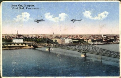 Panorama with the road bridge and biplanes, Prince Tomislav Bridge, Novi Sad, 1919–1941