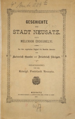 Cover of the 1895 history of Neusatz, with the city arms, Novi Sad