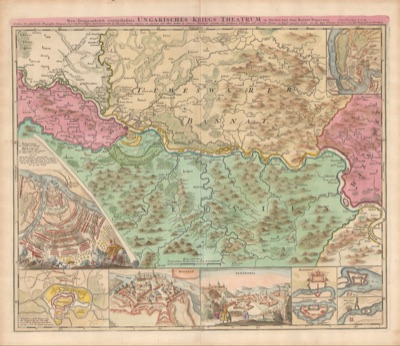 Hand-coloured Homann map of the Hungarian war theatre showing Petrovaradin, Novi Sad, 1717