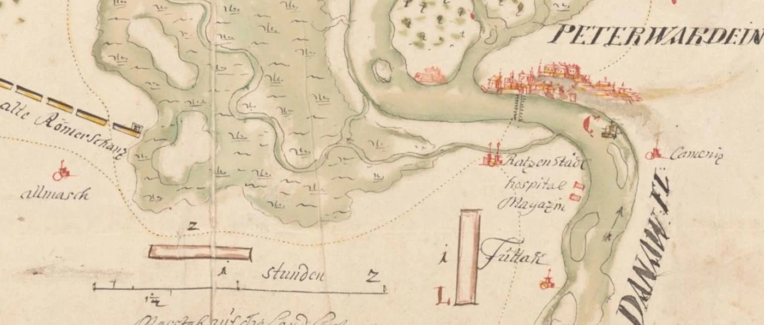 The Danube at Peterwardein on a manuscript map, Novi Sad, first half of the 18th century