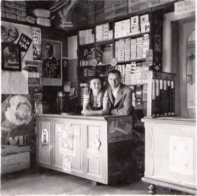 Behind the counter of a tobacco and stationery shop, Novi Sad, 1941–1944