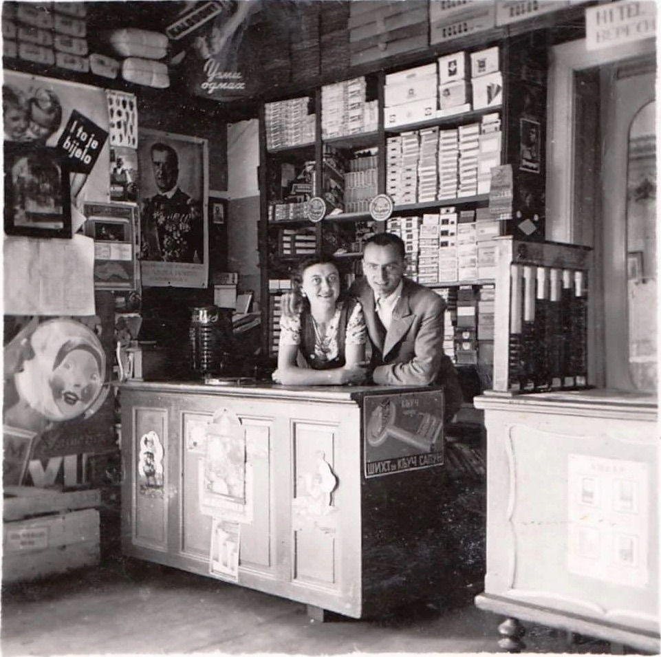 Behind the counter of a tobacco and stationery shop, Novi Sad, 1941–1944
