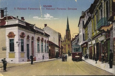 An electric tram in Rákóczi Ferenc Street, Jewish Street, Novi Sad, 1911–1918