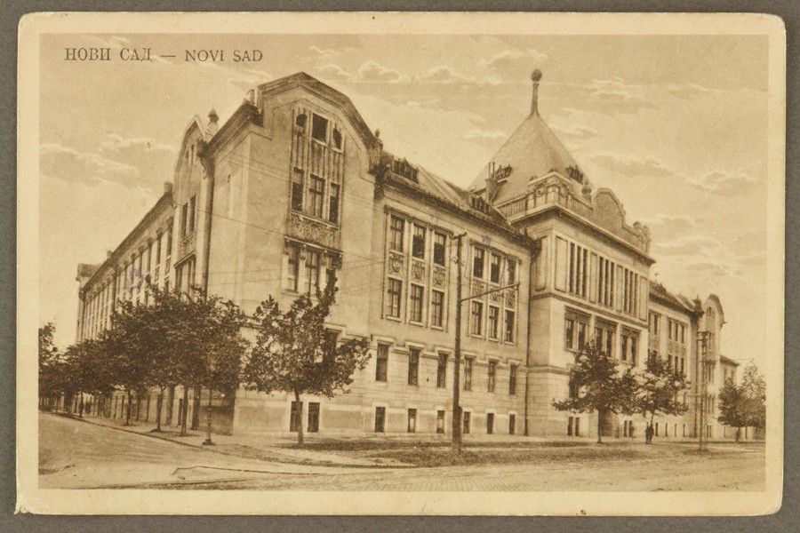 An ochre card with no building name, Teachers' School, Novi Sad, 1919–1941