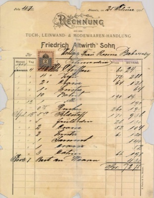 Friedrich Altwirth's Sohn Textile House Invoice, Novi Sad, Neusatz (no street printed), 1904–1905