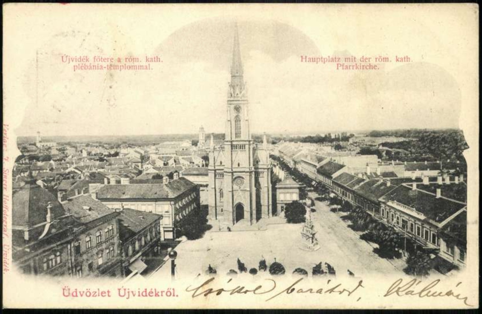 Vogelschau auf den Hauptplatz und die Kirche Mariä Namen, Freiheitsplatz, Neusatz, bis April 1902