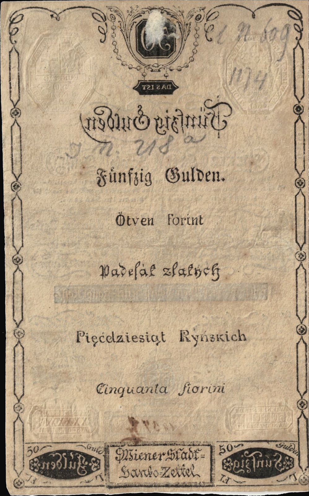 Reverse of the fifty-gulden Banco-Zettel, 1806, Novi Sad