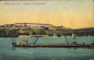 Petrovaradin Fortress and the railway bridge at dusk, Novi Sad, by September 1917