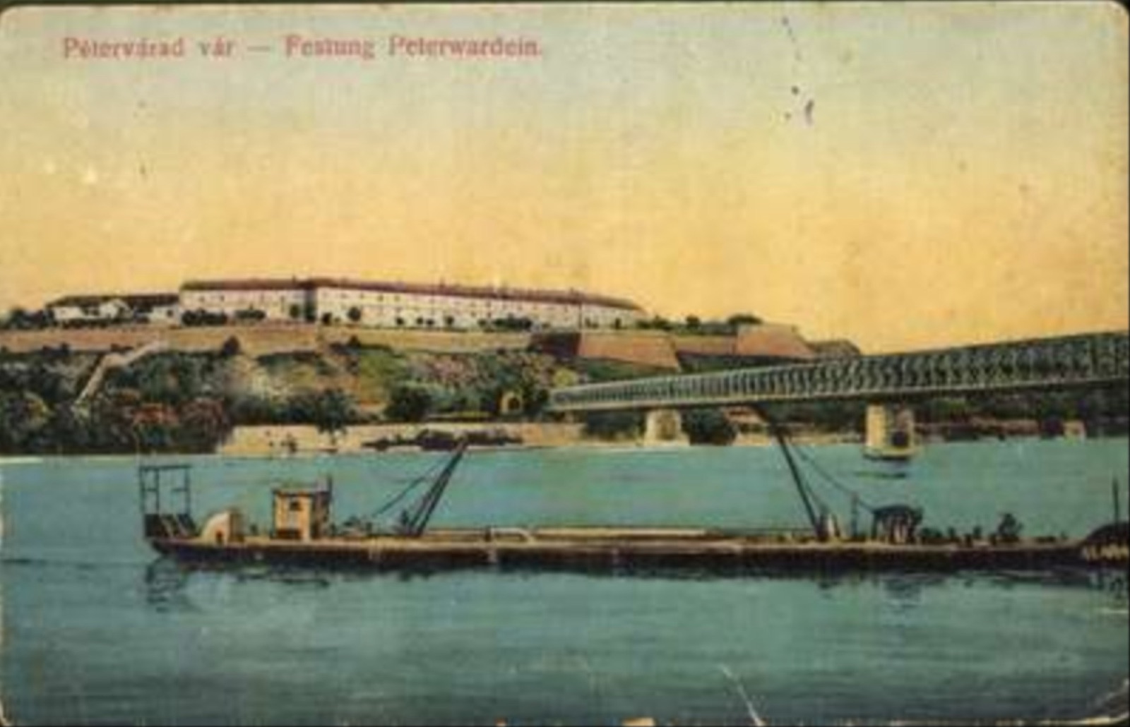 Petrovaradin Fortress and the railway bridge at dusk, Novi Sad, by September 1917
