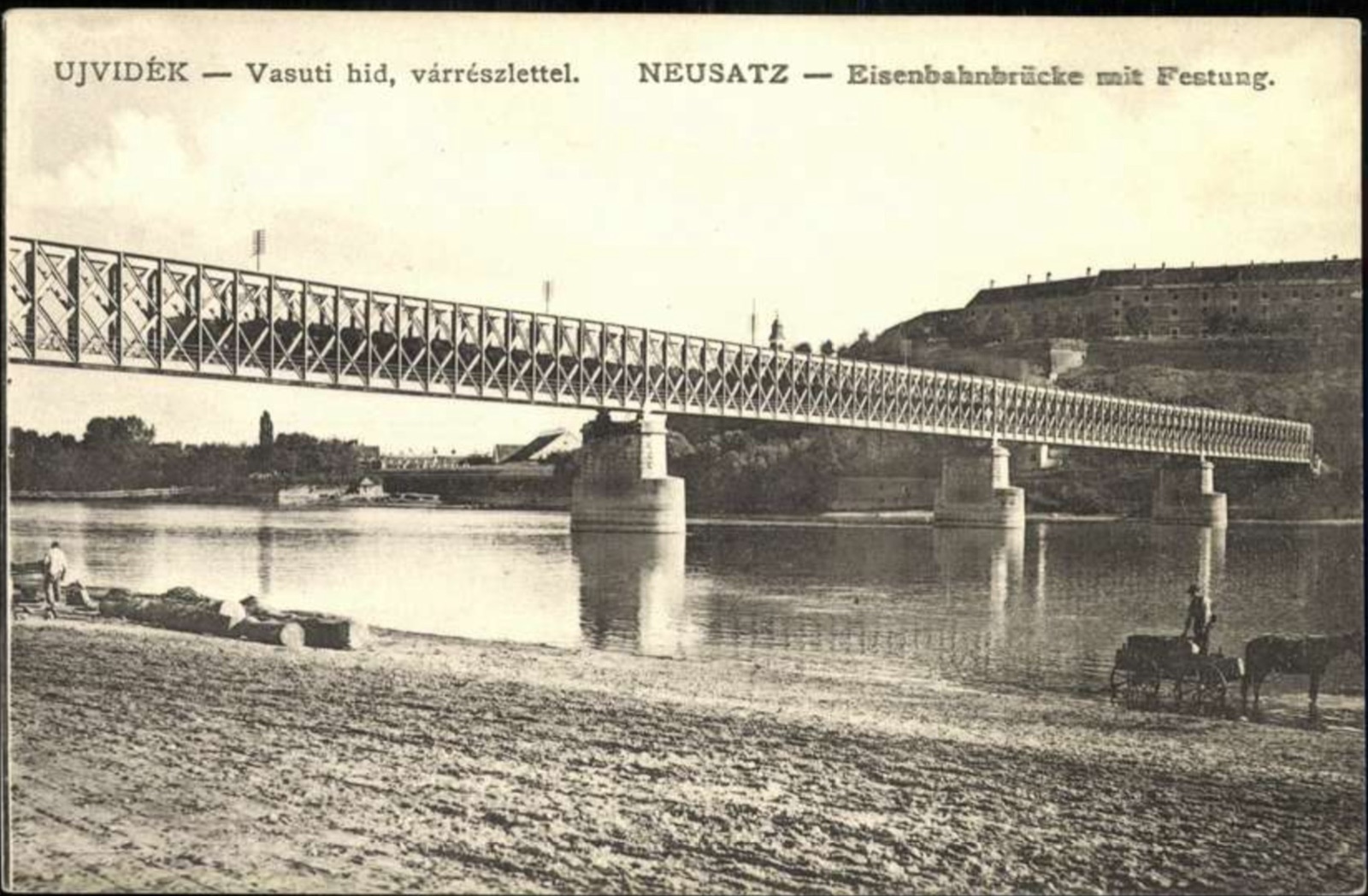 A vasúti híd és a péterváradi vár, alattuk tutajok, Ferenc József híd, Újvidék, 1896–1918