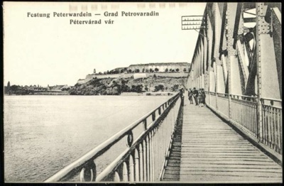 Crossing the railway bridge toward Petrovaradin fortress, Franz Josef Bridge, Novi Sad, 1896–1918