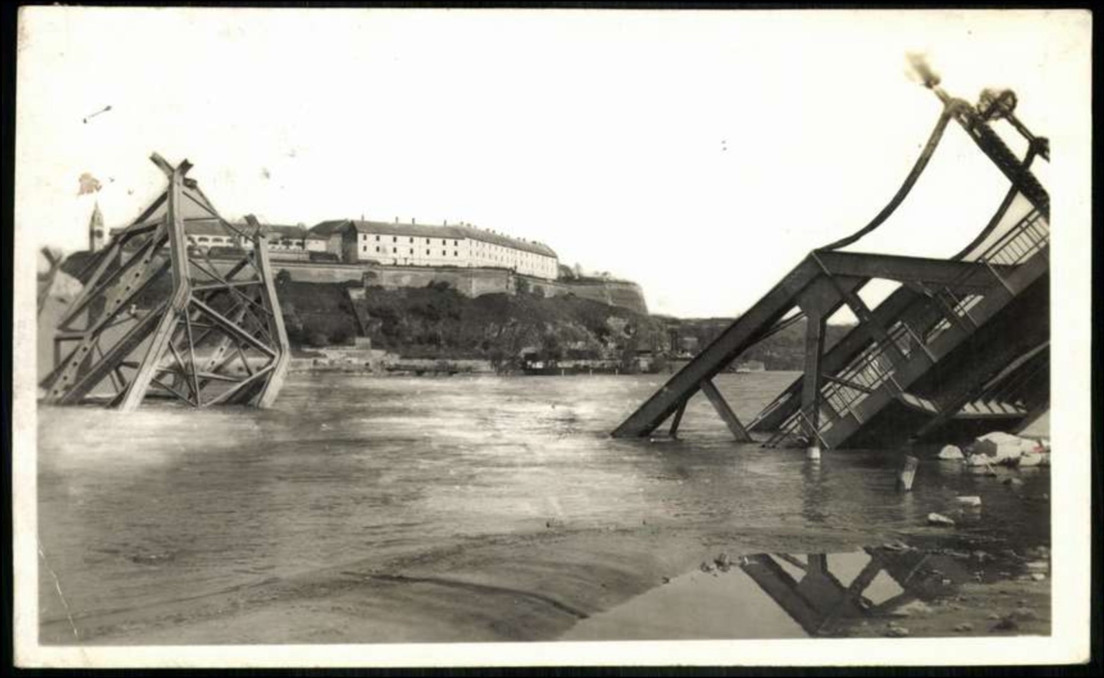 The Destroyed Railway Bridge, a Church Spire on the Bank, Novi Sad, Prince Tomislav Bridge, 1941–1945