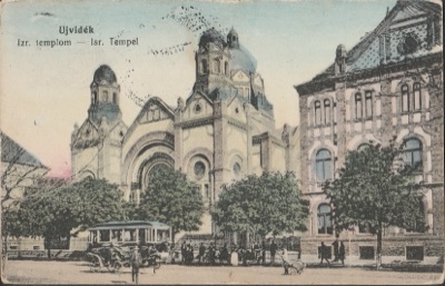 A tram and a cab at the synagogue, Novi Sad, between 1909 and 1918