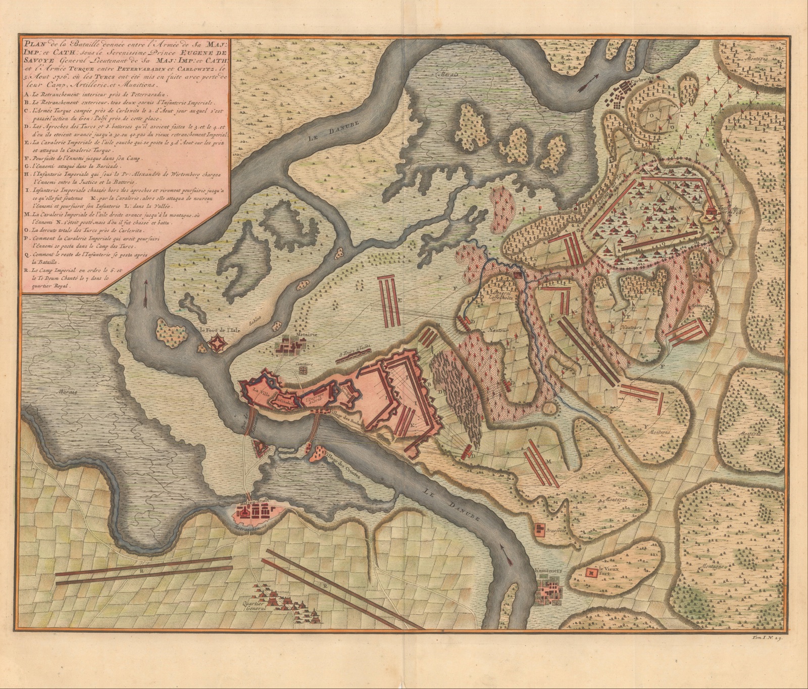 Hand-coloured plan of the 1716 battle naming Petrovaradin, Ratzenstadt and Kamenitz, Petrovaradin Fortress
