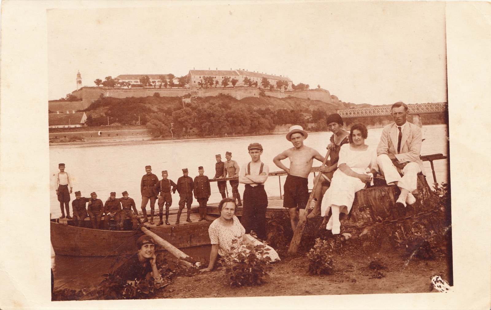 Soldiers and a picnic party on the bank, Petrovaradin Fortress, 1920s