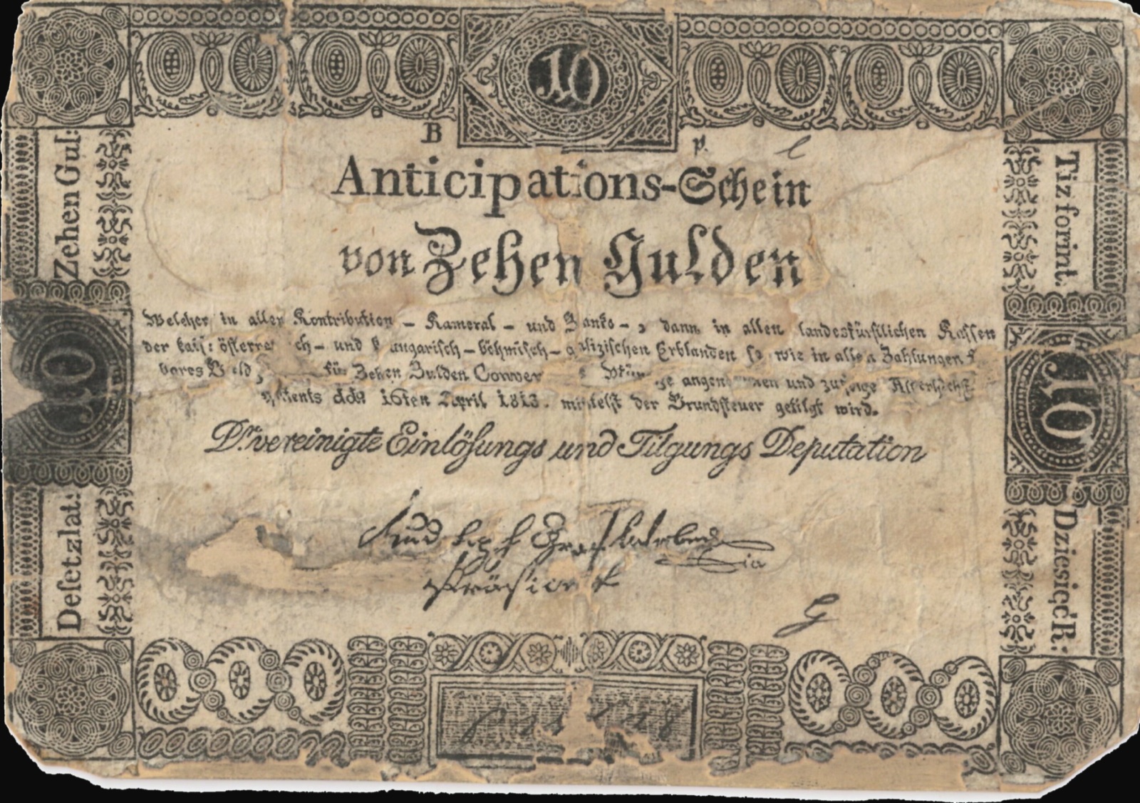 Ten-gulden anticipation note, Vienna, 1813, Novi Sad