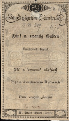 Reverse of the twenty-five-gulden Banco-Zettel, 1806, Novi Sad
