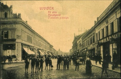Main Street, a Crowd of Men Gathered in the Roadway, 1907, Zmaj Jovina Street, Novi Sad