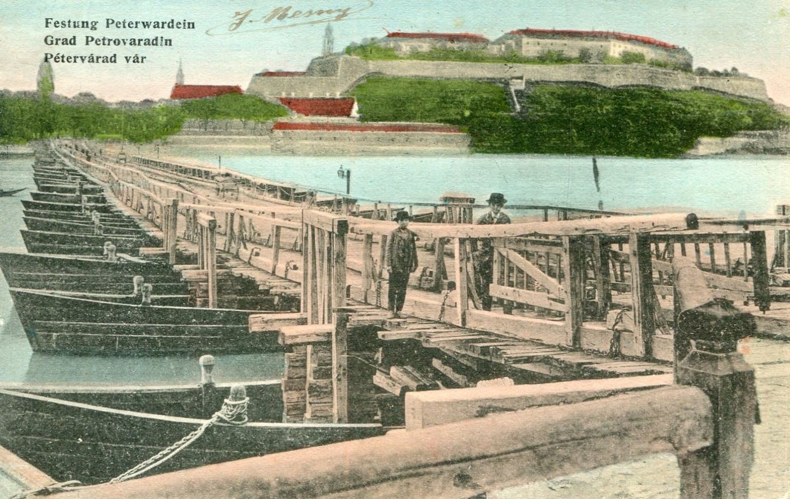 Men in Bowler Hats on the Pontoon Bridge Below Petrovaradin Fortress, Novi Sad, 1910s