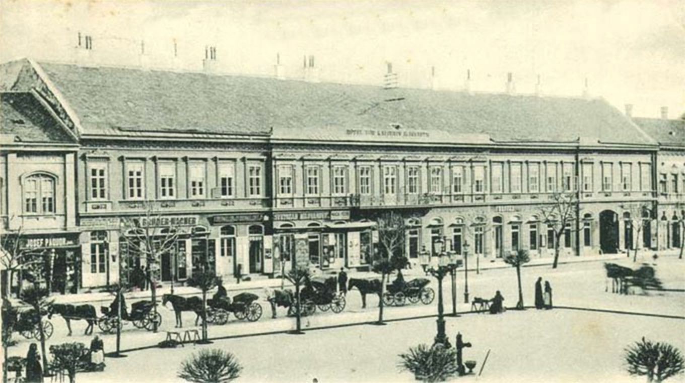 The Elizabeth Hotel, with carriages waiting, Hotel Queen Mary, Novi Sad, 1900