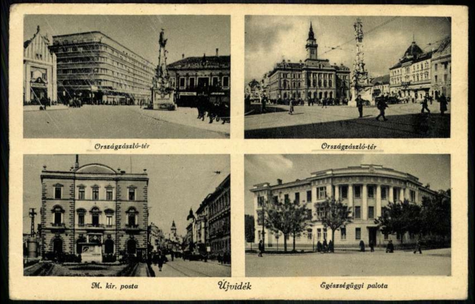 Vier Ansichten: Nationalflaggenplatz, das Postamt, der Gesundheitspalast, Freiheitsplatz, Neusatz, 1941–1945