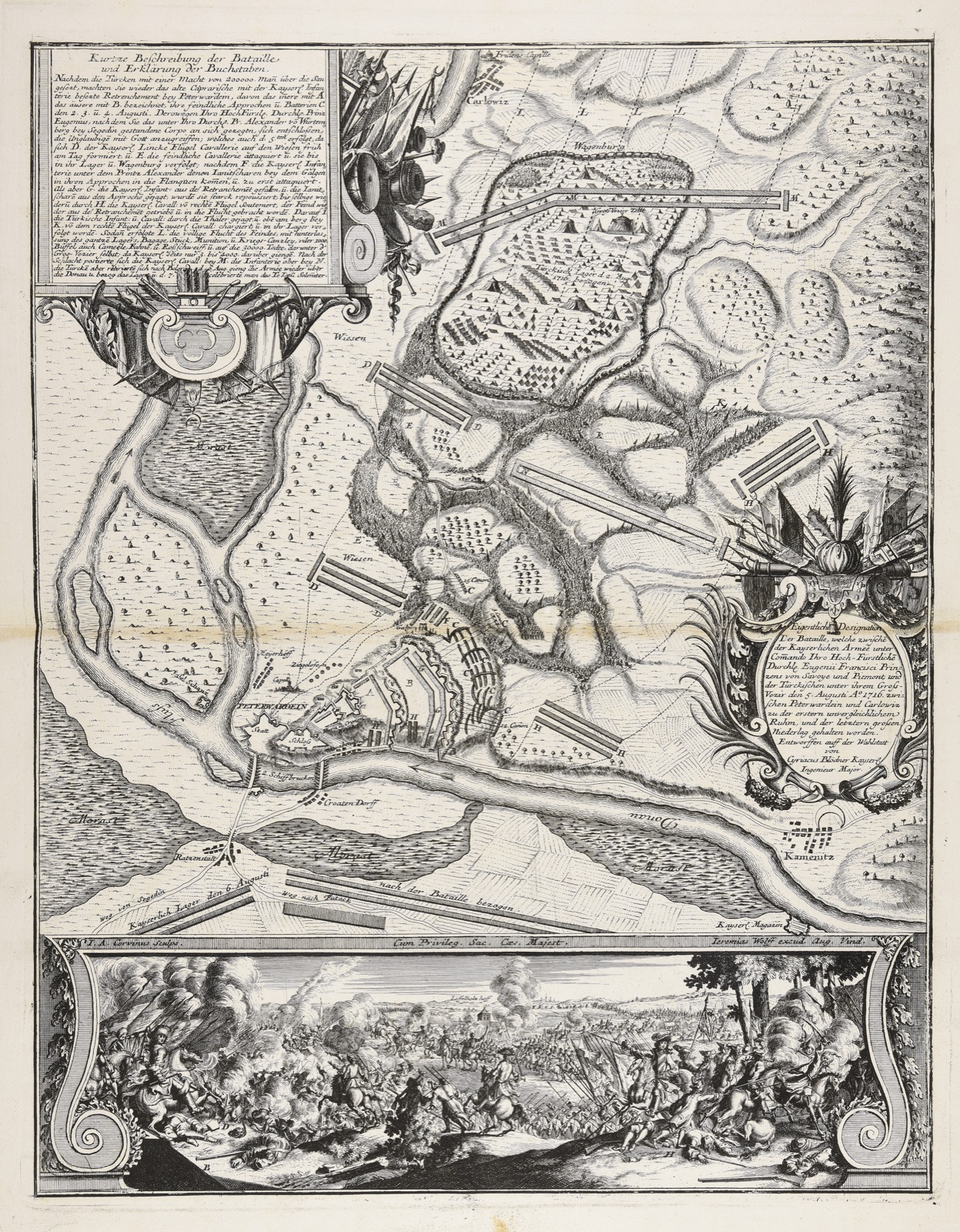 Engraved plan of the 1716 battle fought between Petrovaradin and Karlovci, Petrovaradin Fortress