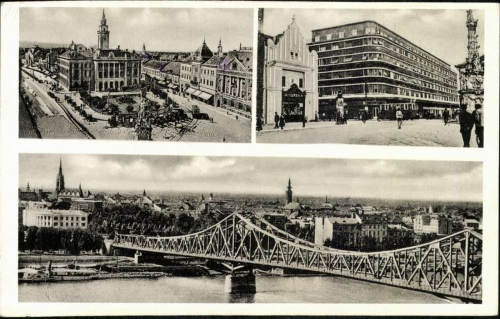 Drei Ansichten: Stadthausplatz, eine Apothekenecke und der Fluss, Prinz-Tomislav-Brücke, Neusatz, bis März 1942