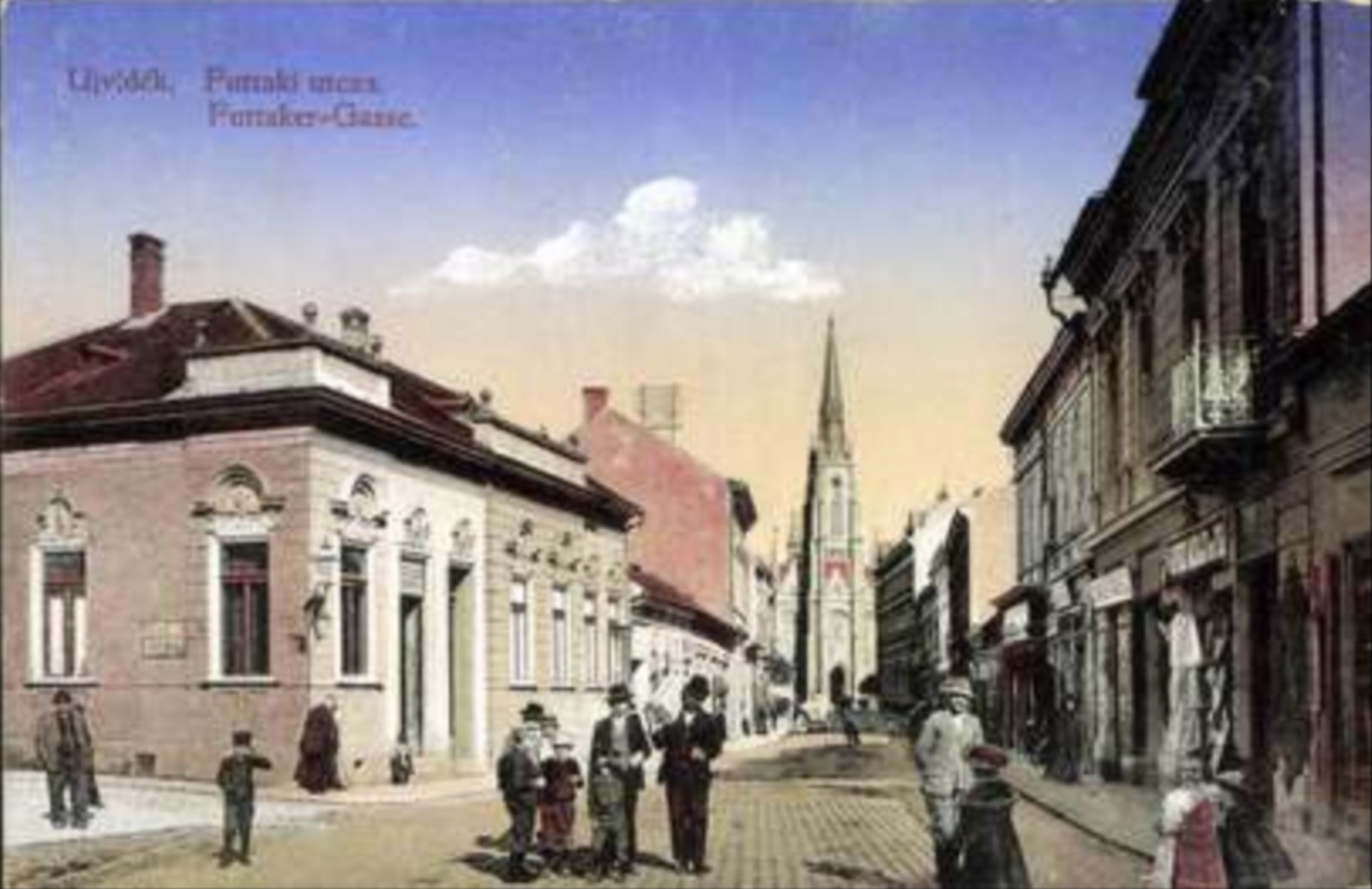 Puttaker-Gasse, mit der Turmspitze der römisch-katholischen Kirche, Futoker Gasse, Neusatz, bis Dezember 1914