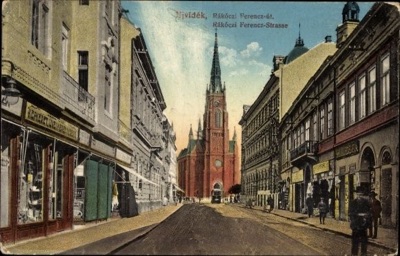 Shop windows down a coloured street, Jewish Street, Novi Sad, 1916