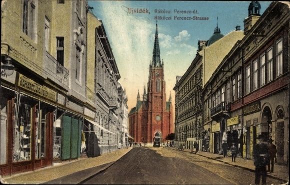 Shop windows down a coloured street, Jewish Street, Novi Sad, 1916